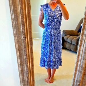 LOFT Blue and White Maxi Dress with Cap Sleeves